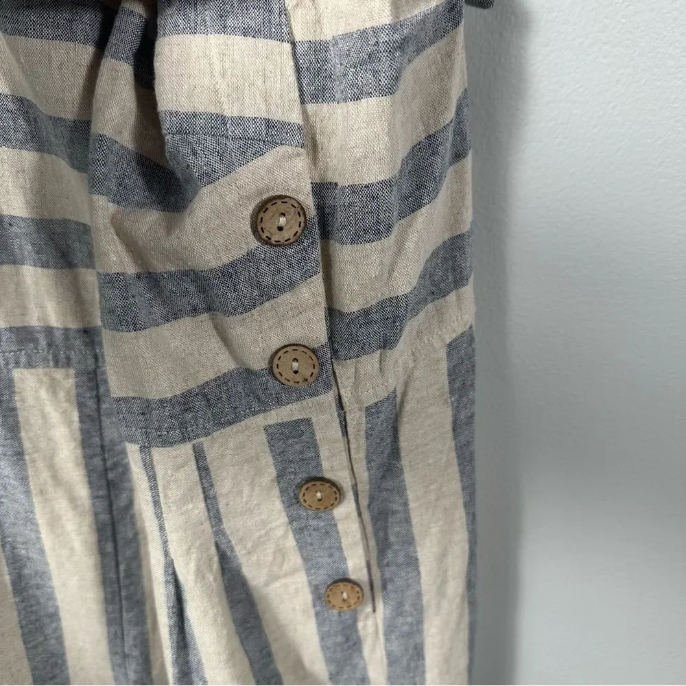 Altar'd State Cream and Blue Sleeveless Striped Linen-Blend Jumpsuit Size Medium
